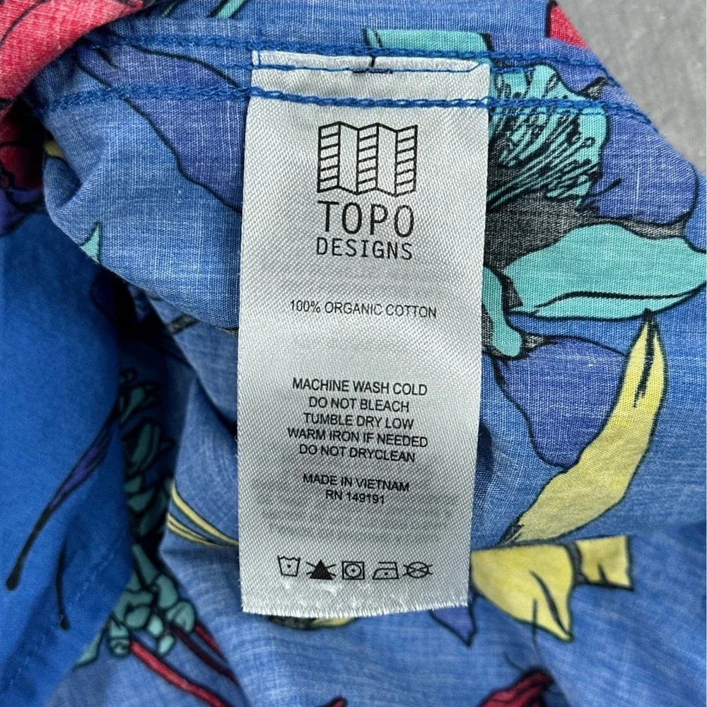 Topo Designs Shirt Men Large Blue Floral Short Sleeve Loop Collar Outdoor Casual - Picture 10 of 10